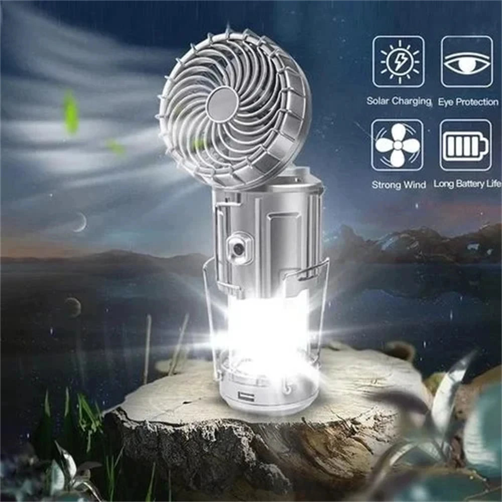 Portable Camping Lanterns Electric Fan 1500mAh LED Solar Power Hanging Tent Rechargeable Outdoor Emergency Lamp with Fan