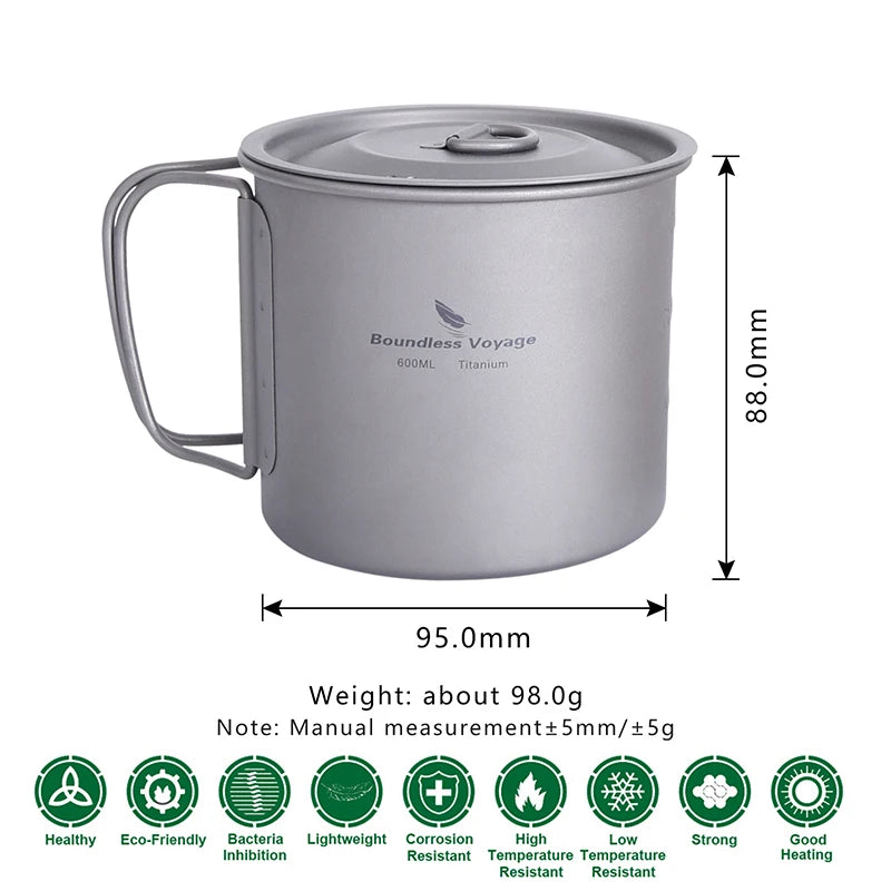 Boundless Voyage Camping Titanium Cup Mug Outdoor Tourist Picnic Cooking Hanging Pot Tableware Hiking Kitchen Equipment Cookware