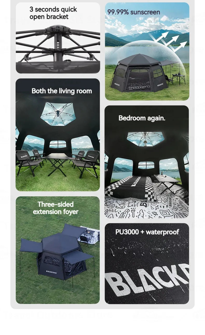 Naturehike Blackdog One-touch Tent Outdoor Automatic Tent Camping Dome Hexagonal Black Coated Quick Open Waterproof Shelter 150D