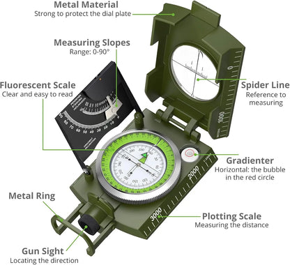 Mulitifunctional High Precision Outdoor Survival Military Compass Camping Waterproof Metal with Fluorescent Geological Compass