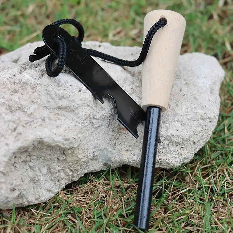 New Wilderness Survival Portable Flint Kit - Magnesium Fire Starter Stick with Wooden Handle for Camping Outdoor Equipment Tool