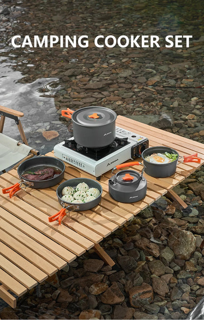 BISINNA Outdoor Aluminum Alloy Camping Cookware Utensils Water Kettle Pan Pot Cooking Set for Travelling Hiking Picnic BBQ