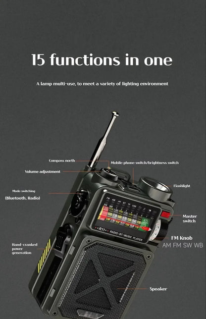 R11 Solar Hand Generator Radio Card Speaker Outdoor Emergency Disaster Prevention Survival Equipment with SOS Alarm Flashlight