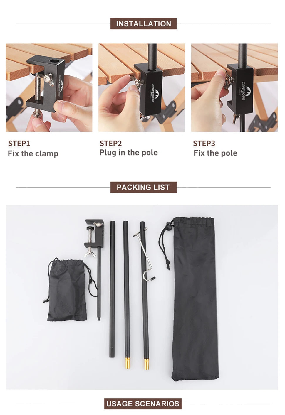 WESTTUNE 4-Section Camping Lantern Stand Aluminum Alloy Detachable Lamp Pole Portable Outdoor Light Holder Folding Lamp Hanger