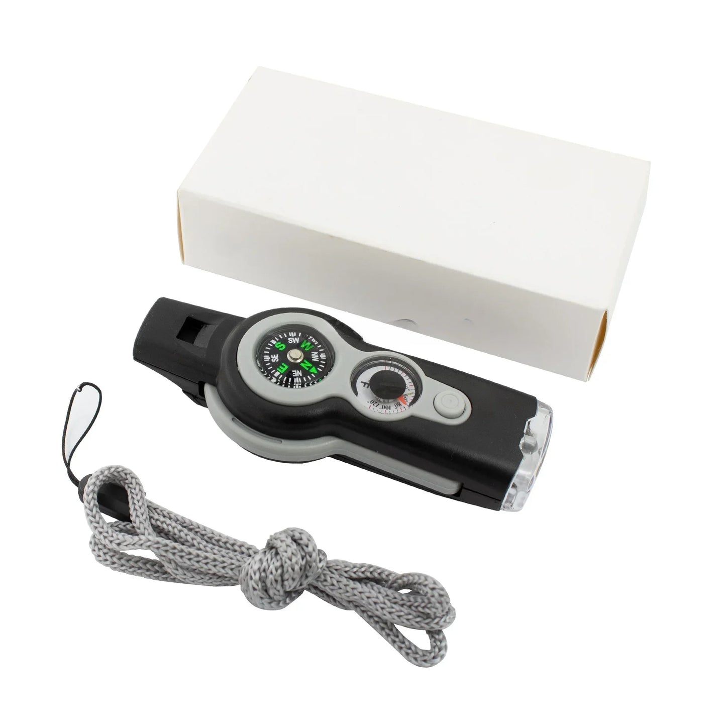 NEW 1PC 7 in 1 Survival Whistle High Decibel Rescue Whistle with LED Light Thermometer Compass Survival Reflective Signal Mirror