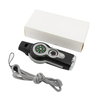 NEW 1PC 7 in 1 Survival Whistle High Decibel Rescue Whistle with LED Light Thermometer Compass Survival Reflective Signal Mirror