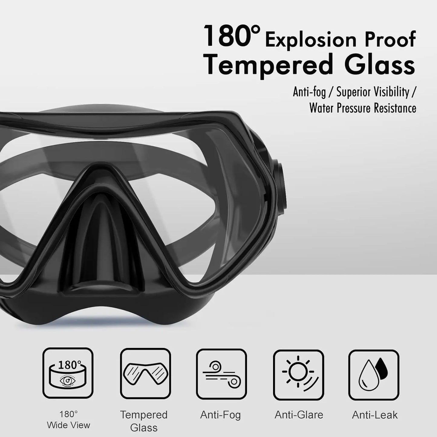 Adult Snorkelling Gear with 180 degree tempered glass anti-fog dry top snorkel Great Vision Swimming & Diving Gear