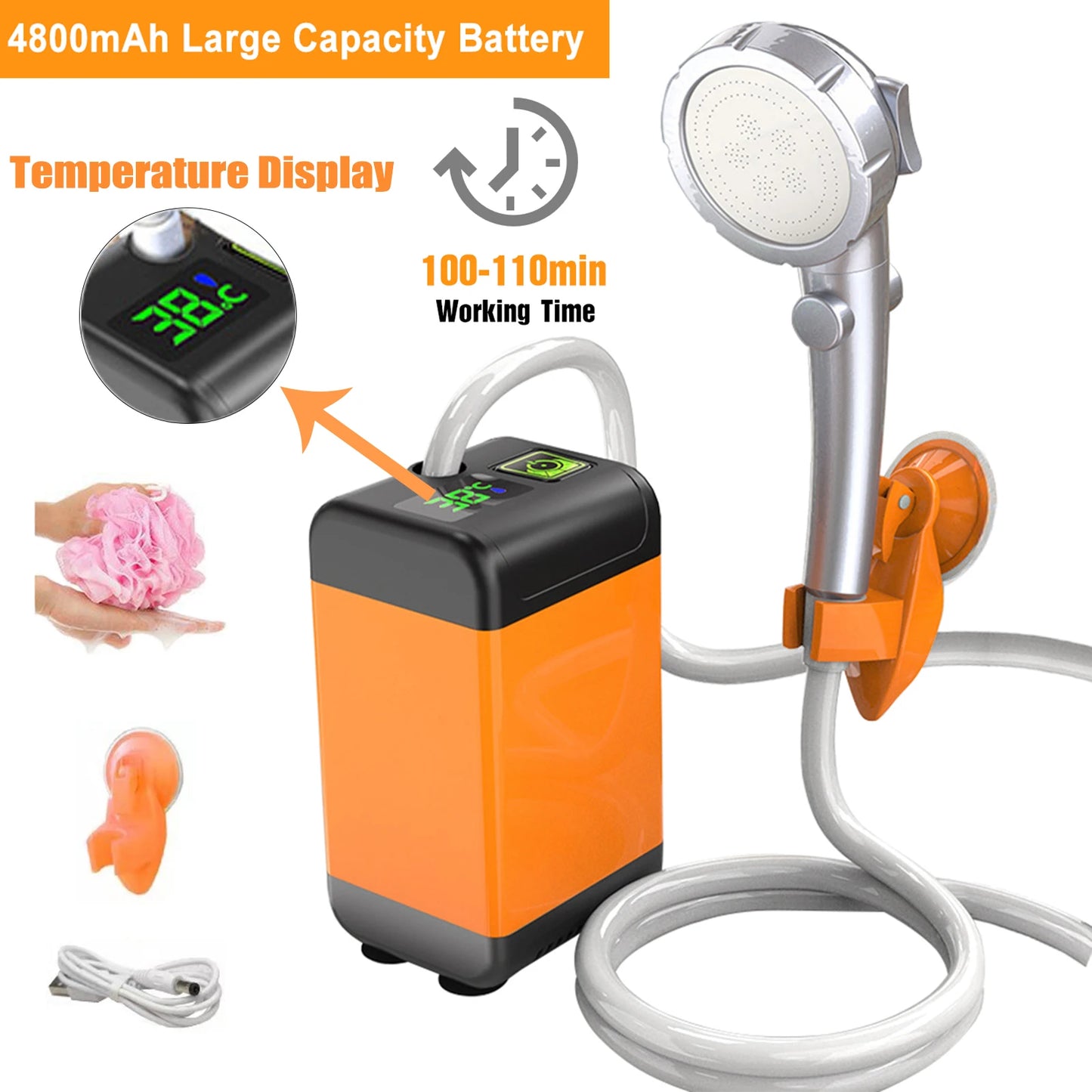 Outdoor Electric Shower Portable Shower Pump USB Rechargeable Waterproof Sprinkler Shower Head for Camping Travel Pet Watering