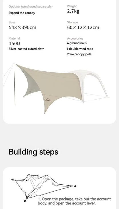 Naturehike Cloud World Awning 4 Persons Tarp Shelter Canopy 10㎡ Camping Large Shade Titanium Vinyl Black UPF50+ Waterproof Tent