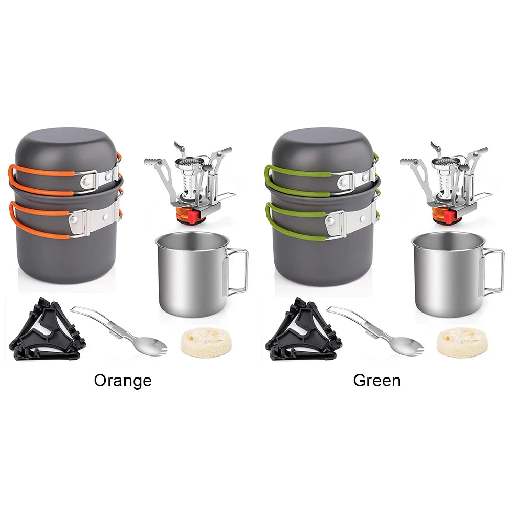 Camping Cookware Mess Kit with Mini Stove Camping Pot and Pan Set with Cup Fork Portable Cookware Equipment for Outdoor Cooking