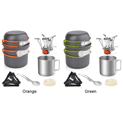Camping Cookware Mess Kit with Mini Stove Camping Pot and Pan Set with Cup Fork Portable Cookware Equipment for Outdoor Cooking