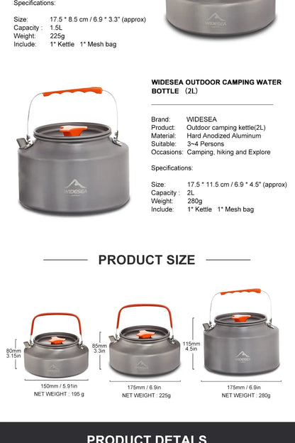 Widesea 1.1L 2L1.5L Camping Water Kettle Outdoor Coffee Kettle Tableware Picnic Set Supplies Equipment Utensils Tourism Cookware