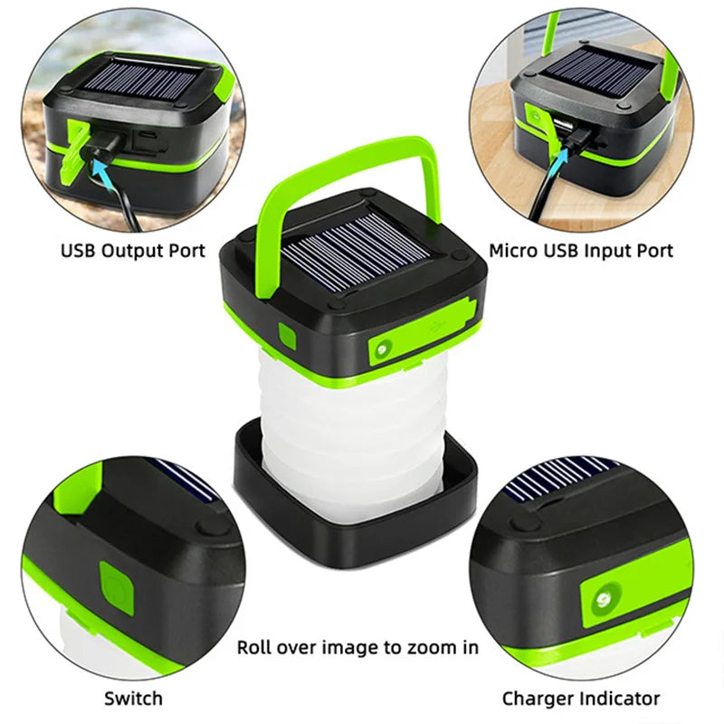 Solar Camping Light Foldable Waterproof USB Rechargeable Lantern 3Modes LED Flashing Lamp Fishing Travle Outdoor Tent Power Bank