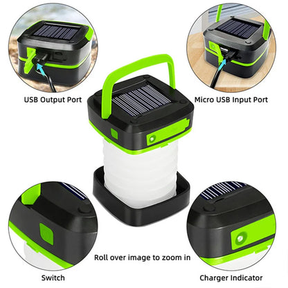 Solar Camping Light Foldable Waterproof USB Rechargeable Lantern 3Modes LED Flashing Lamp Fishing Travle Outdoor Tent Power Bank