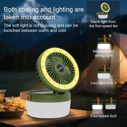 Solar Camping Fan Light USB 2-In-1 Multi-purpose Outdoor Hiking Tent Hanging Fan Lamp Emergency Lantern Tents Cooling Fan