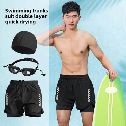 2025 New Anti Embarrassment Swimming  Gear Complete Adult Swimsuit Set Swim Cap Goggles 3 Pcs Set  Swimming Trunks for Men Short
