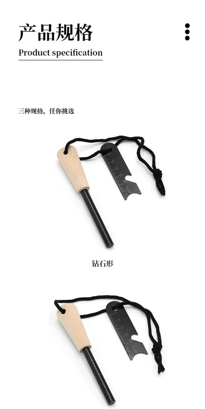 New Outdoor survival flint umbrella rope set, wooden handle magnesium rod multifunctional scraper, outdoor camping fire tool