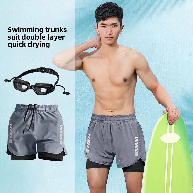 2025 New Anti Embarrassment Swimming  Gear Complete Adult Swimsuit Set Swim Cap Goggles 3 Pcs Set  Swimming Trunks for Men Short