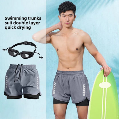2025 New Anti Embarrassment Swimming  Gear Complete Adult Swimsuit Set Swim Cap Goggles 3 Pcs Set  Swimming Trunks for Men Short