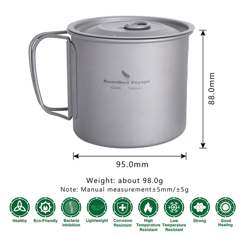 Boundless Voyage Camping Titanium Cup Mug Outdoor Tourist Picnic Cooking Hanging Pot Tableware Hiking Kitchen Equipment Cookware