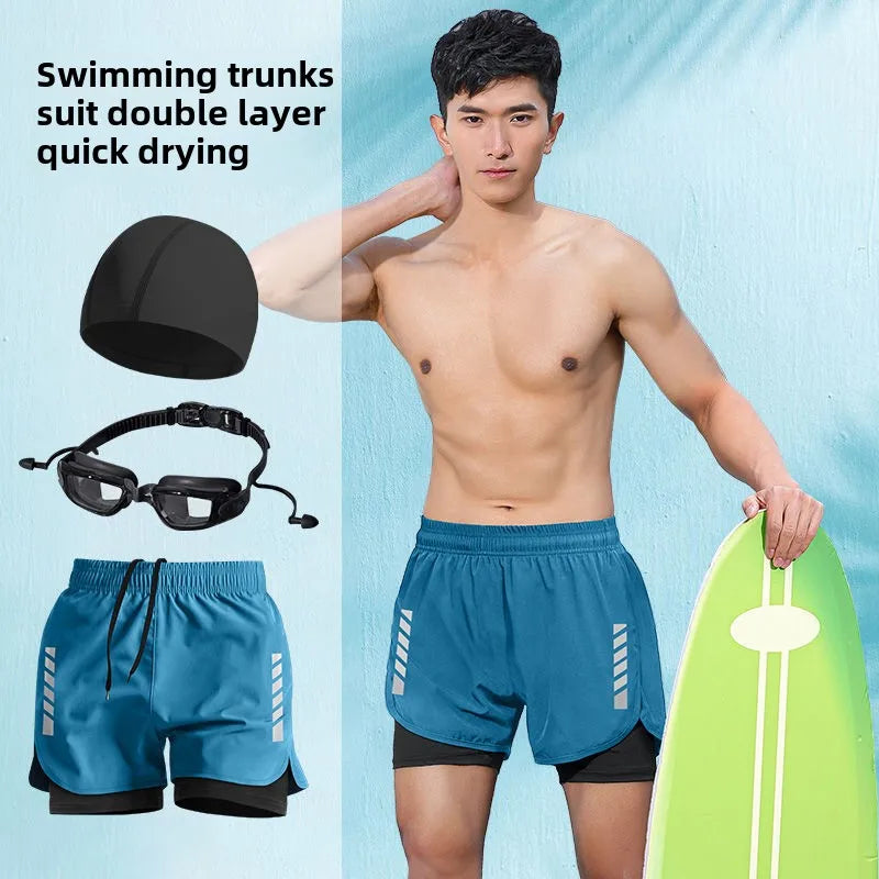 2025 New Anti Embarrassment Swimming  Gear Complete Adult Swimsuit Set Swim Cap Goggles 3 Pcs Set  Swimming Trunks for Men Short