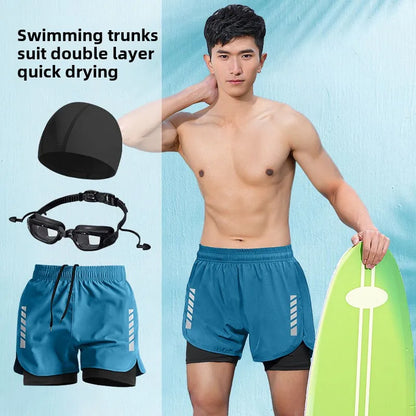 2025 New Anti Embarrassment Swimming  Gear Complete Adult Swimsuit Set Swim Cap Goggles 3 Pcs Set  Swimming Trunks for Men Short