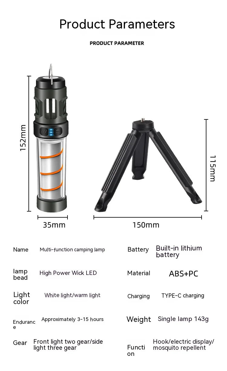 Multi-function Camping Mosquito Lamp Rechargeable Portable LED Flashlight Outdoor Lighting Mosquito Repellent Light with Tripod