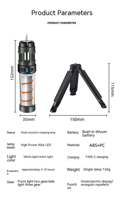 Multi-function Camping Mosquito Lamp Rechargeable Portable LED Flashlight Outdoor Lighting Mosquito Repellent Light with Tripod