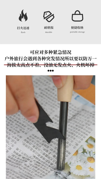 New Outdoor survival flint umbrella rope set, wooden handle magnesium rod multifunctional scraper, outdoor camping fire tool