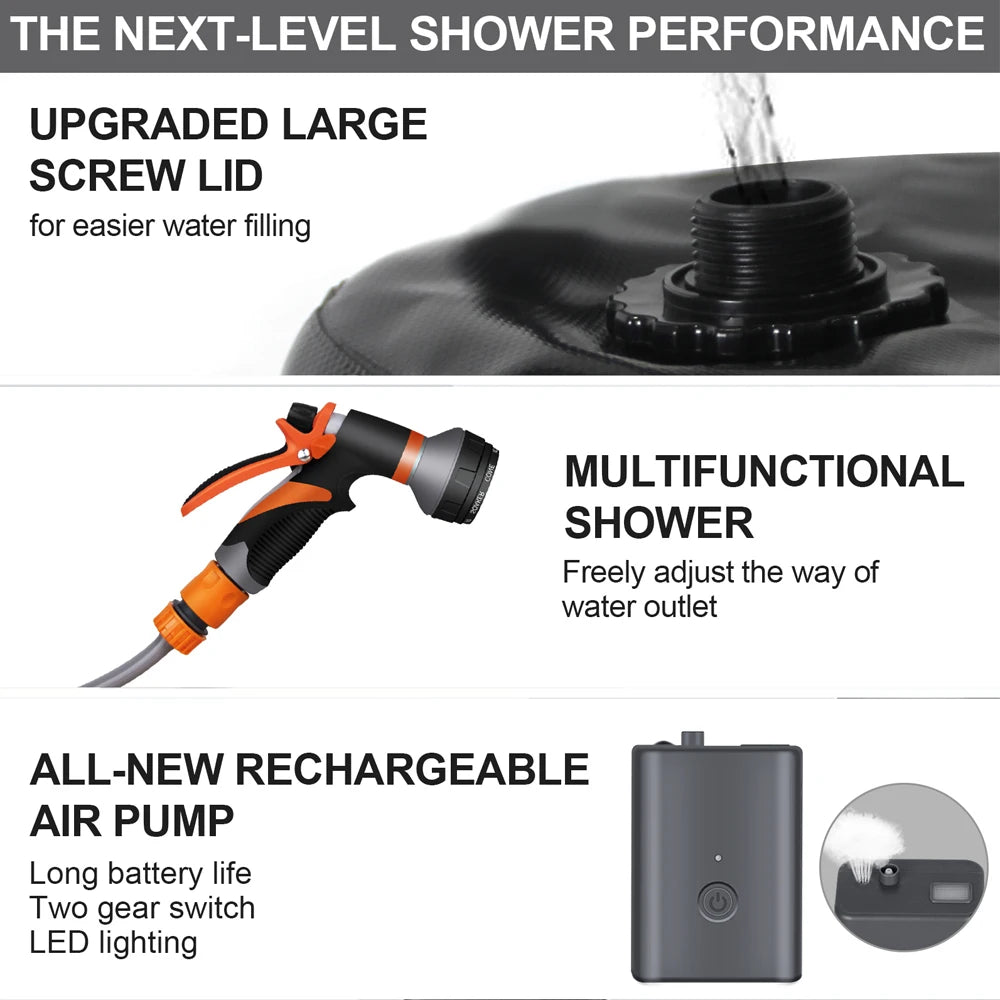 Portable Camping Shower with 20L Solar Heating Bag Rechargeable Electric Shower Pump Kit For Dogs Car Human Outdoor Washing