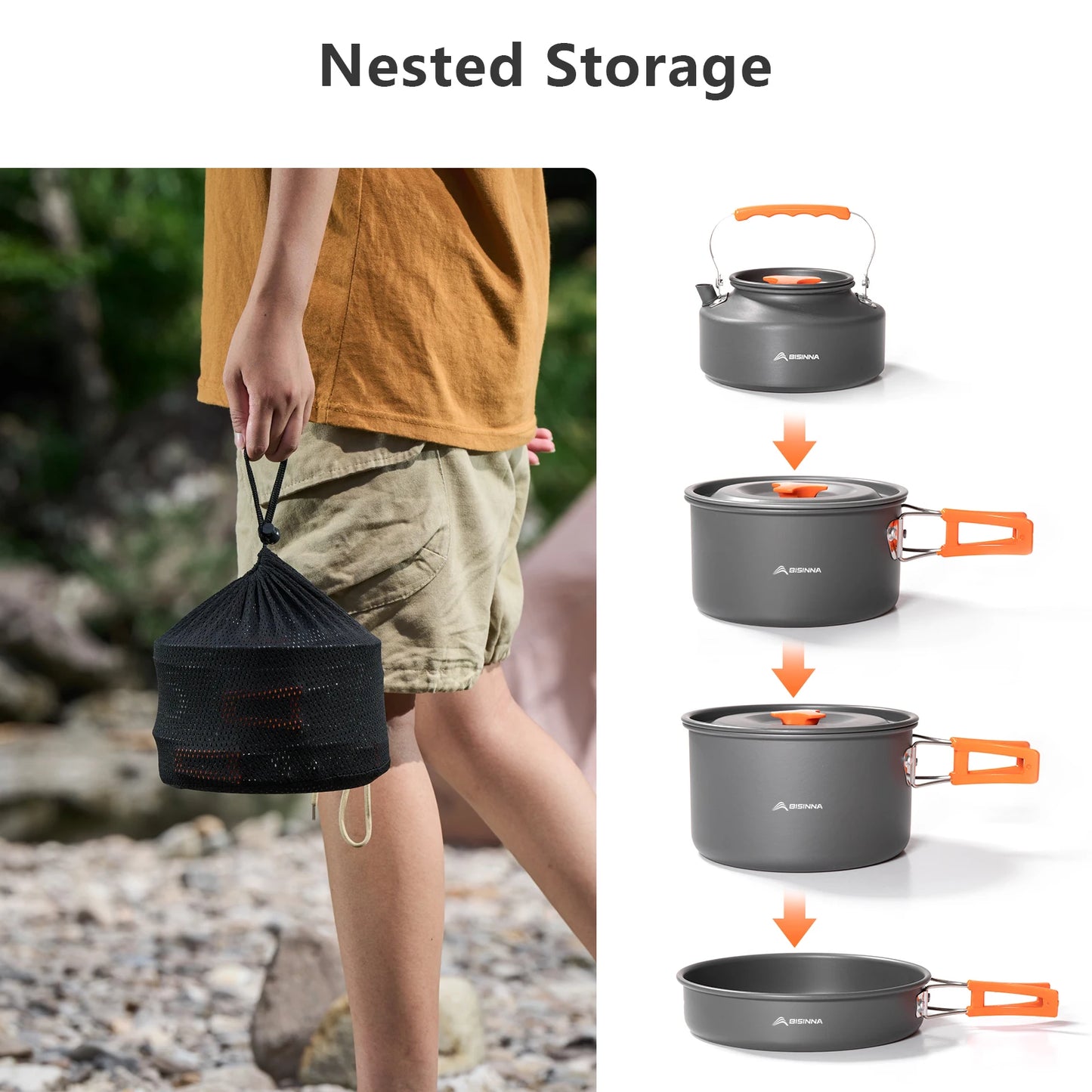 BISINNA Outdoor Aluminum Alloy Camping Cookware Utensils Water Kettle Pan Pot Cooking Set for Travelling Hiking Picnic BBQ