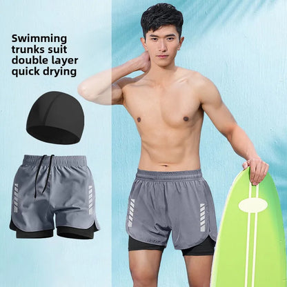 2025 New Anti Embarrassment Swimming  Gear Complete Adult Swimsuit Set Swim Cap Goggles 3 Pcs Set  Swimming Trunks for Men Short