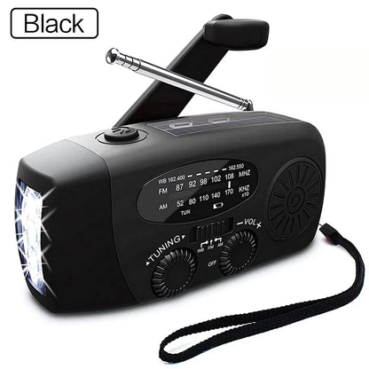Solar Hand Crank Powered Camping Light with AM/FM Radio Outdoor 2000mAh USB Charging Multifunctional Hand Dynamo LED Flashlight