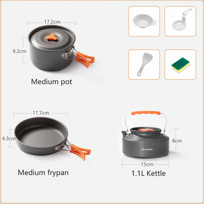 BISINNA Outdoor Aluminum Alloy Camping Cookware Utensils Water Kettle Pan Pot Cooking Set for Travelling Hiking Picnic BBQ