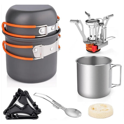 Camping Cookware Mess Kit with Mini Stove Camping Pot and Pan Set with Cup Fork Portable Cookware Equipment for Outdoor Cooking