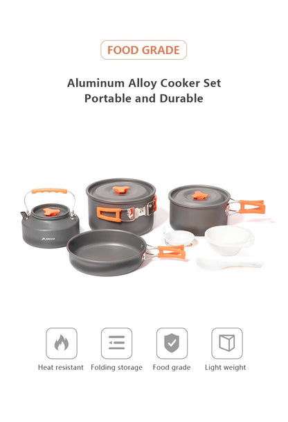 BISINNA Outdoor Aluminum Alloy Camping Cookware Utensils Water Kettle Pan Pot Cooking Set for Travelling Hiking Picnic BBQ