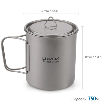 Lixada Ultralight Titanium Cup Mug 300/350/550/650ml/750ml Outdoor Water Cup Picnic Water Mug Tableware with Foldable Handle