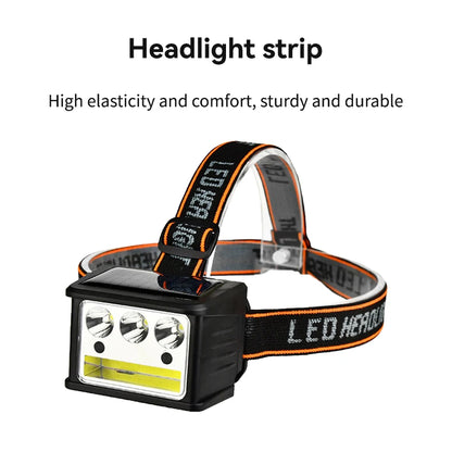New Portable Solar LED COB Headlamp Five Mode Lighting USB Rechargeable Head Lantern Outdoor Waterproof Camping Headlight