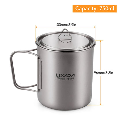 Lixada Ultralight Titanium Cup Mug 300/350/550/650ml/750ml Outdoor Water Cup Picnic Water Mug Tableware with Foldable Handle