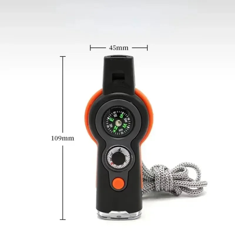 NEW 1PC 7 in 1 Survival Whistle High Decibel Rescue Whistle with LED Light Thermometer Compass Survival Reflective Signal Mirror