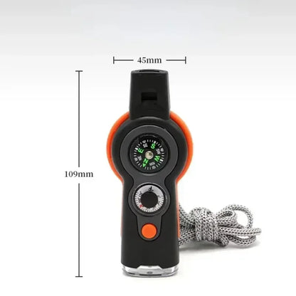NEW 1PC 7 in 1 Survival Whistle High Decibel Rescue Whistle with LED Light Thermometer Compass Survival Reflective Signal Mirror