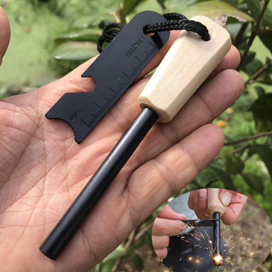 New Wilderness Survival Portable Flint Kit - Magnesium Fire Starter Stick with Wooden Handle for Camping Outdoor Equipment Tool