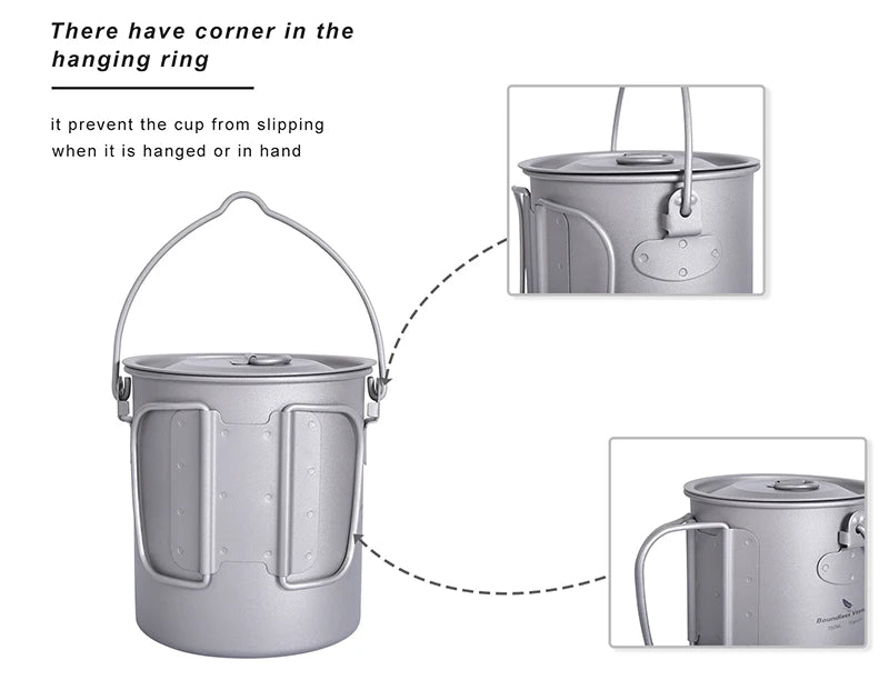 Boundless Voyage Camping Titanium Cup Mug Outdoor Tourist Picnic Cooking Hanging Pot Tableware Hiking Kitchen Equipment Cookware