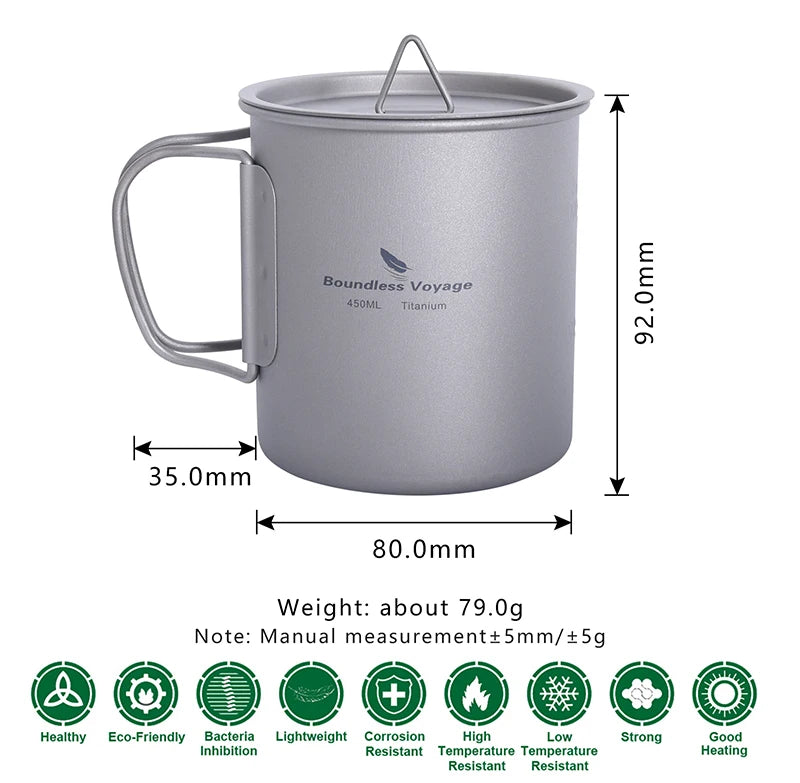 Boundless Voyage Camping Titanium Cup Mug Outdoor Tourist Picnic Cooking Hanging Pot Tableware Hiking Kitchen Equipment Cookware