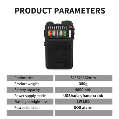 R11 Solar Hand Generator Radio Card Speaker Outdoor Emergency Disaster Prevention Survival Equipment with SOS Alarm Flashlight