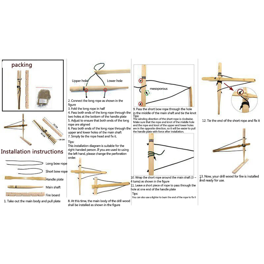 Wood Drilling Fire Making Tool Outdoor Survival Practice Tool Camping Lighter Fire Starter for Fishing Picnic Hunting
