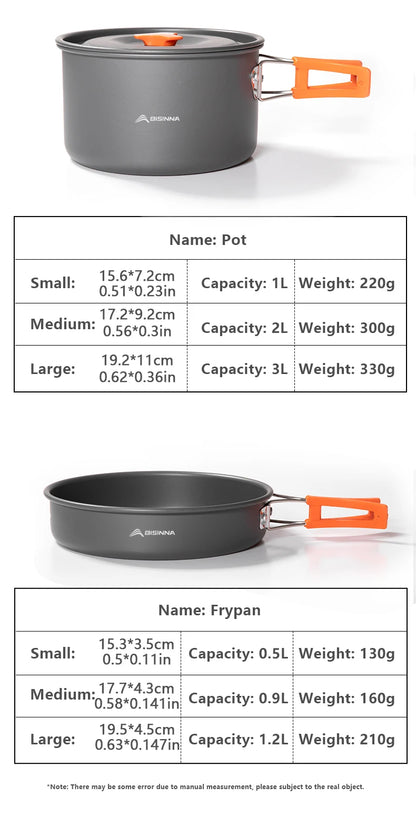 BISINNA Outdoor Aluminum Alloy Camping Cookware Utensils Water Kettle Pan Pot Cooking Set for Travelling Hiking Picnic BBQ