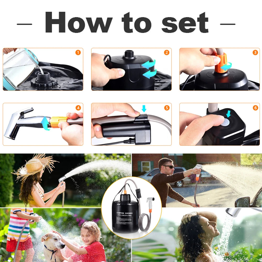 Portable Camping Shower with 20L Solar Heating Bag Rechargeable Electric Pump For Watering Flowers Hiking Beach Dog Washing
