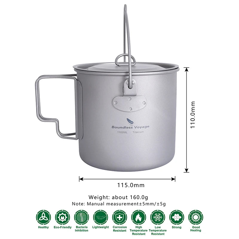 Boundless Voyage Camping Titanium Cup Mug Outdoor Tourist Picnic Cooking Hanging Pot Tableware Hiking Kitchen Equipment Cookware
