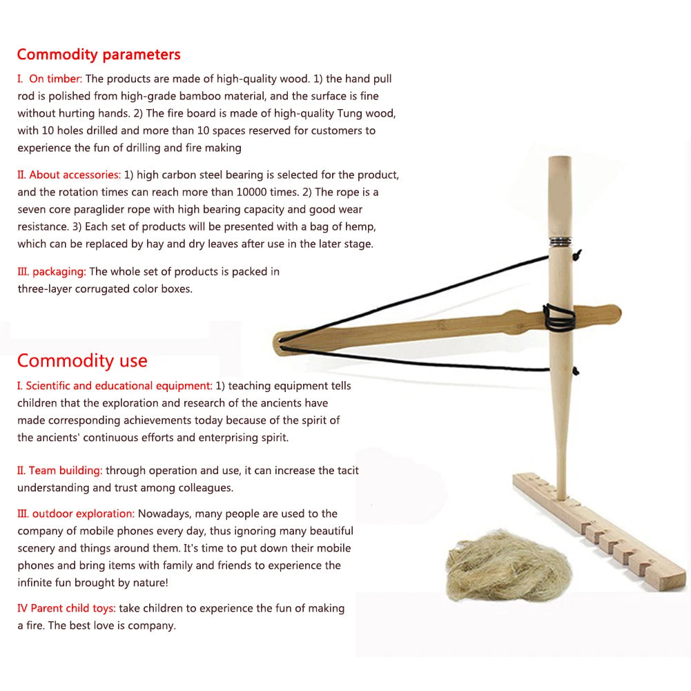 Wood Drilling Fire Making Tool Outdoor Survival Practice Tool Camping Lighter Fire Starter for Fishing Picnic Hunting